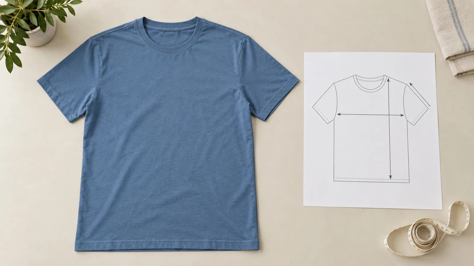 Schlichtes T-Shirt flach neben einer Maßskizze des Kleidungsstücks gelegt