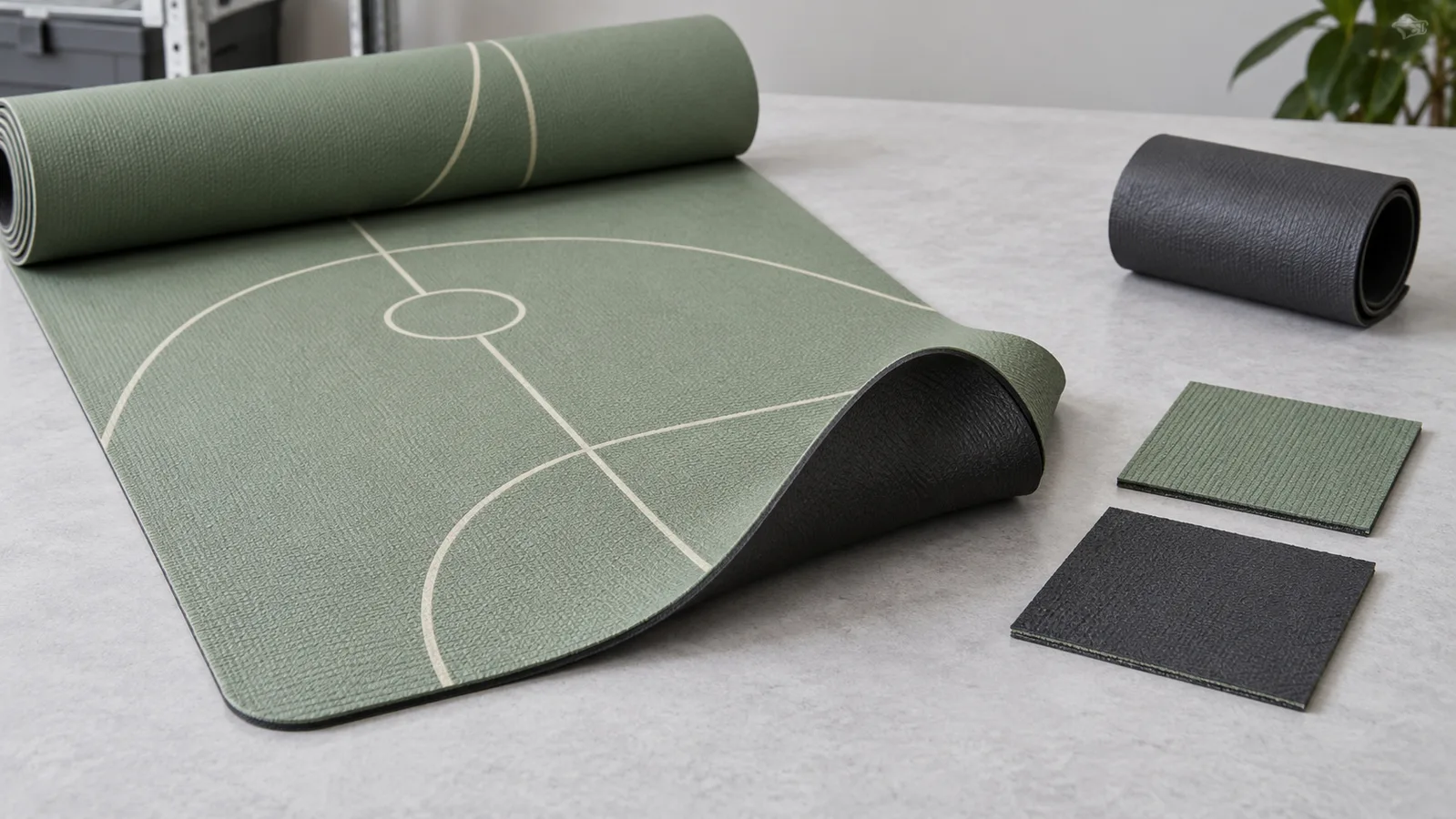 Bedruckte Yogamatten und separate Grundmaterialmuster zur Veranschaulichung eines Herstellungsprozesses