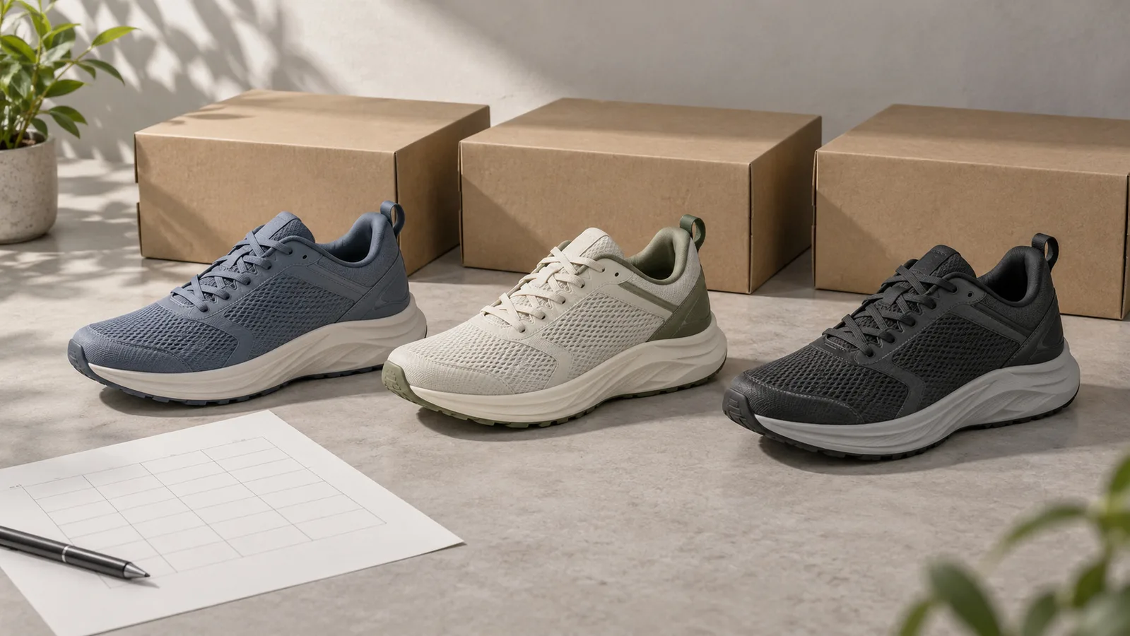 Farbmuster von Laufschuhen ohne Markenzeichen neben schlichten Schuhkartons