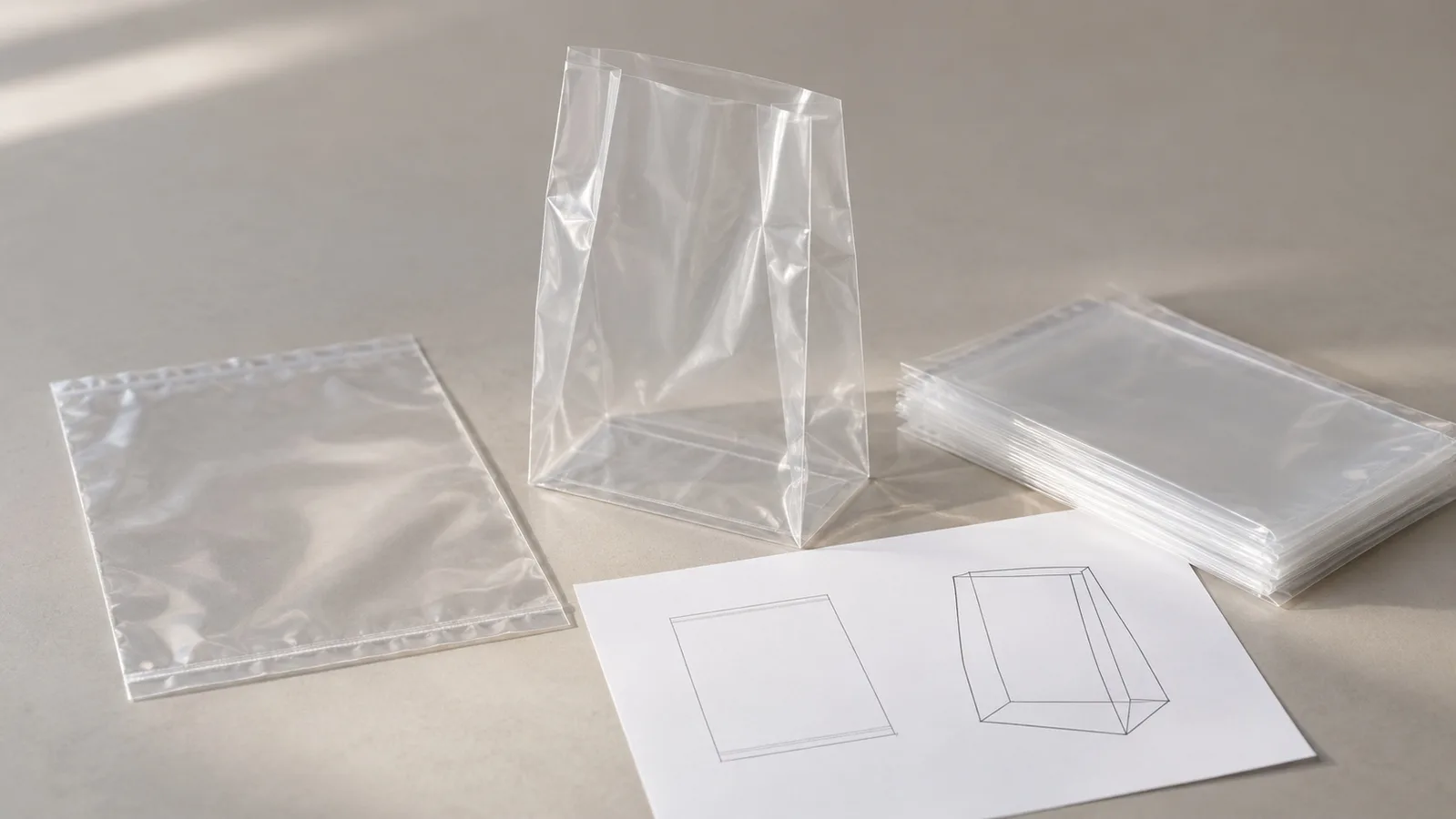 Durchsichtige Muster von flachen und seitlich gefalteten Plastiktüten neben einer einfachen Formzeichnung