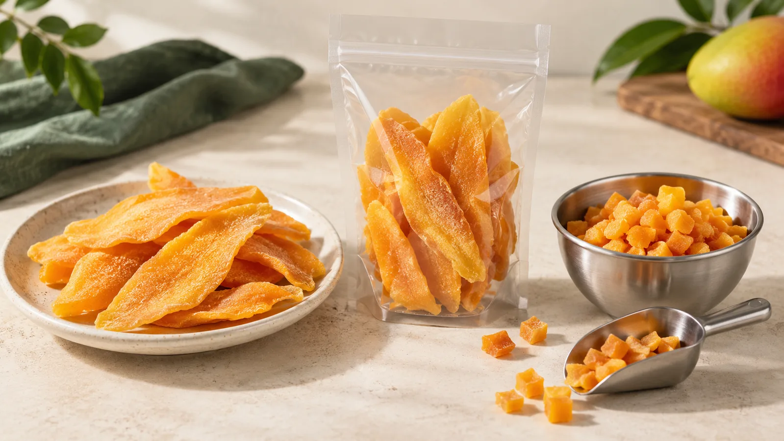 Getrocknete Mangoscheiben und Mangowürfel im Vergleich als zwei Produktspezifikationen