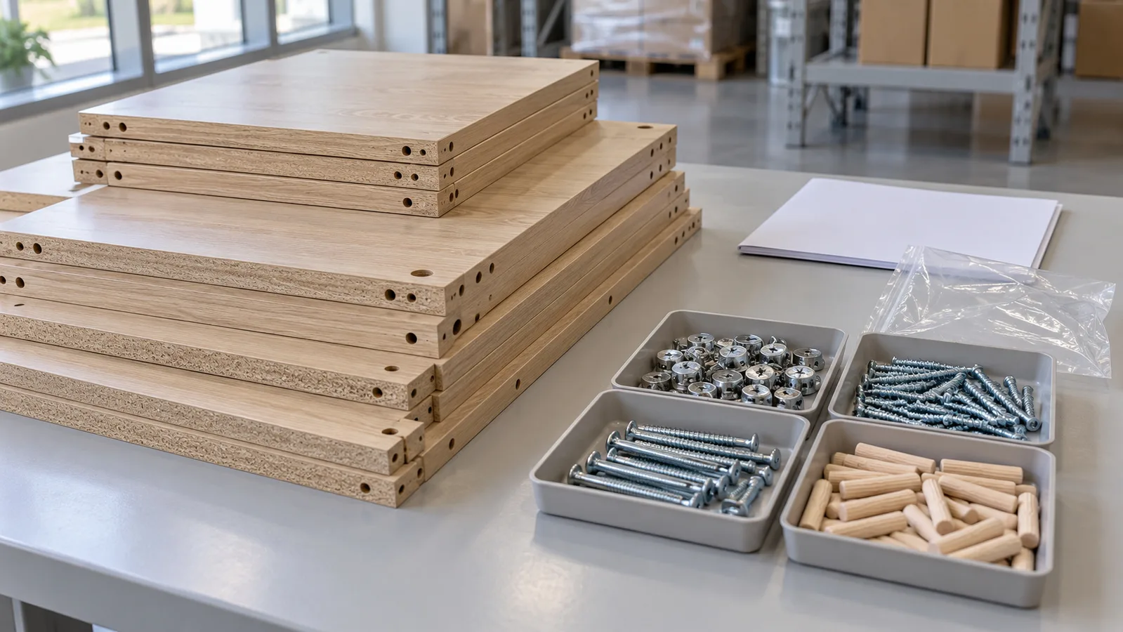 Zerlegte Schrankpaneele mit sortierter Hardware und einer übersichtlichen Anleitungsmappe auf einem Inspektionstisch