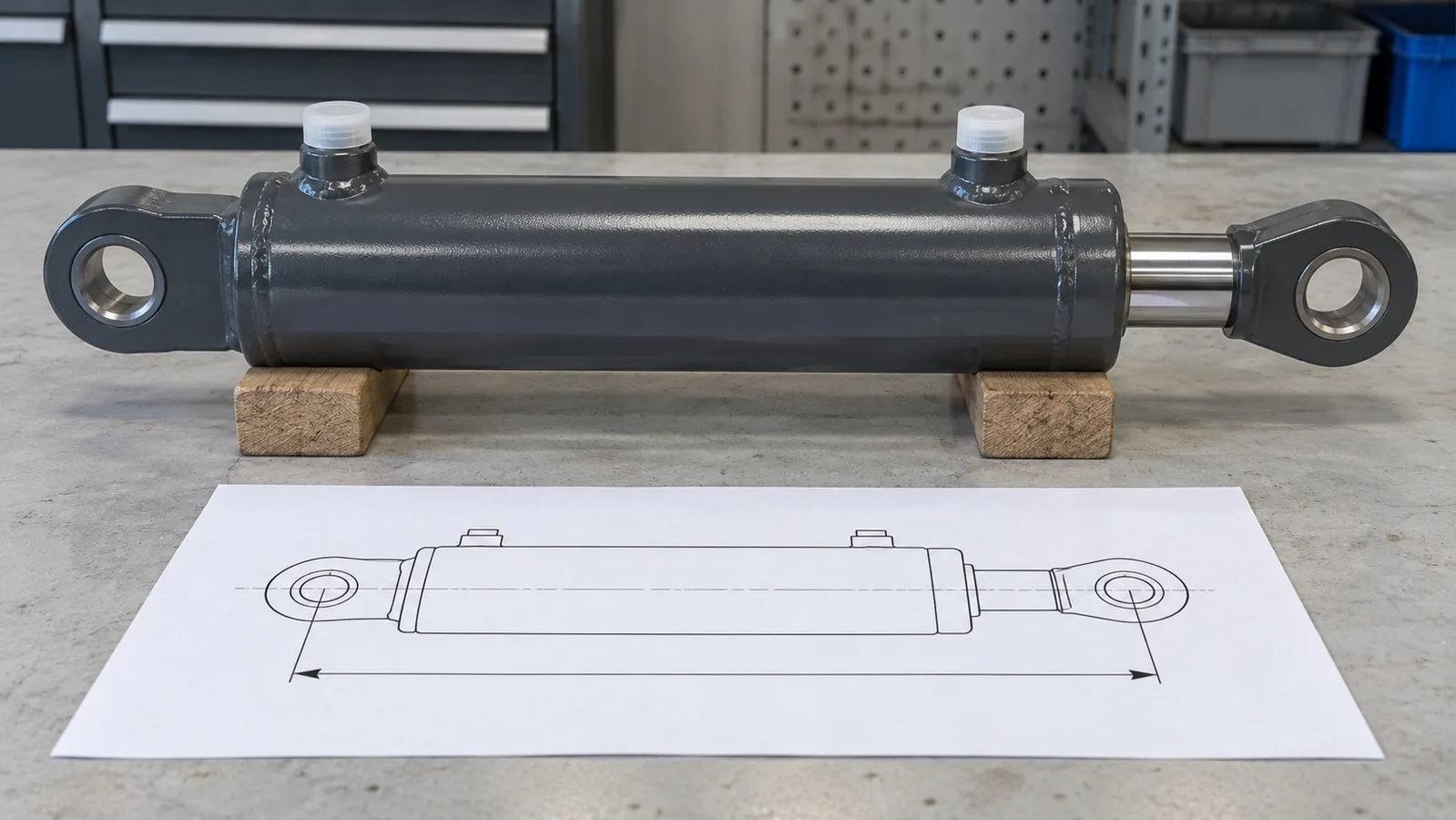 Demontierter Hydraulikzylinder mit geschützten Anschlüssen neben einer schematischen Montagezeichnung