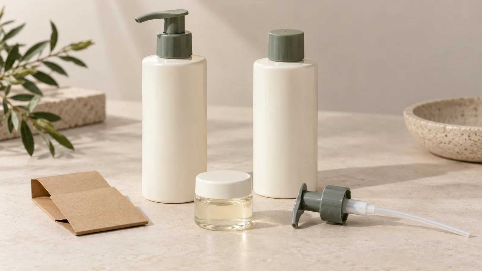 Muster einer Shampoo-Flasche und einer Pumpe ohne Markenzeichen neben einem verschlossenen Formel-Probenbehälter