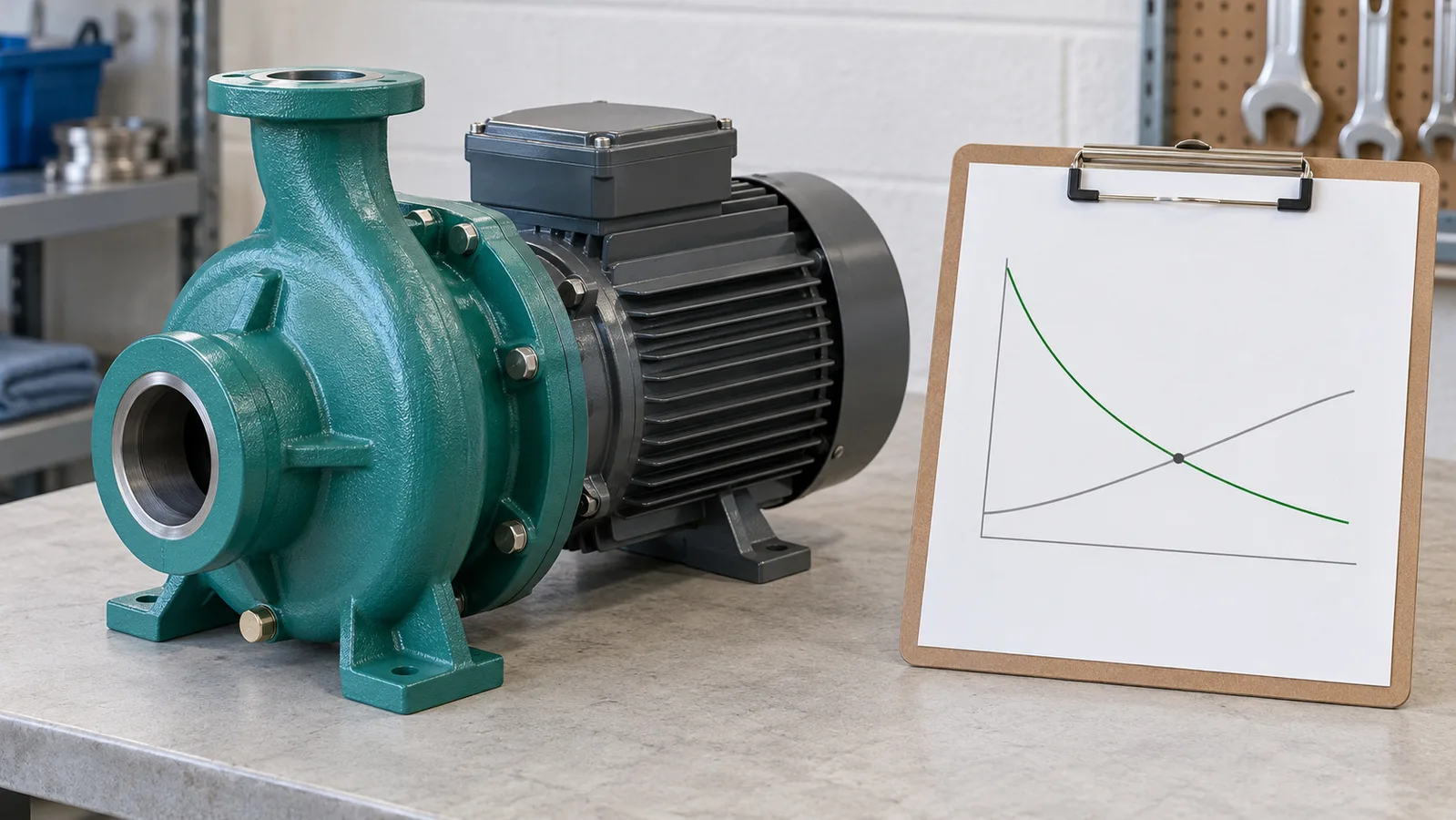 Zentrifugalwasserpumpe ohne Marke neben einem schematischen Förderhöhendiagramm zur Veranschaulichung