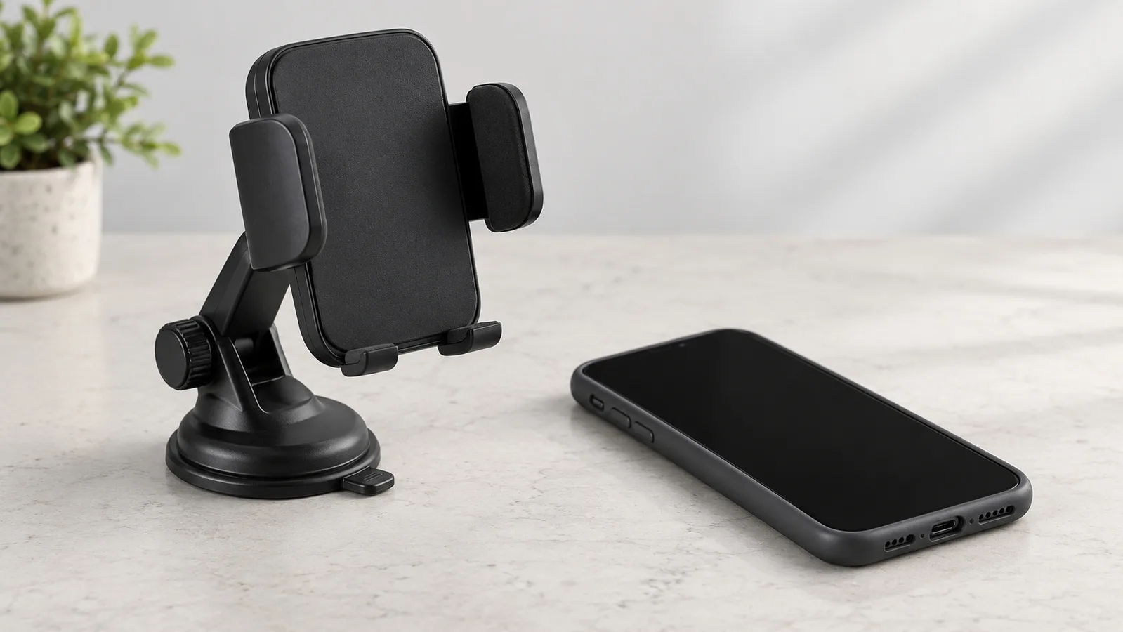 Allgemeiner Telefonhalter im Klemmstil auf einem neutralen Probentisch neben einem Telefon ohne Markenzeichen in einer Hülle