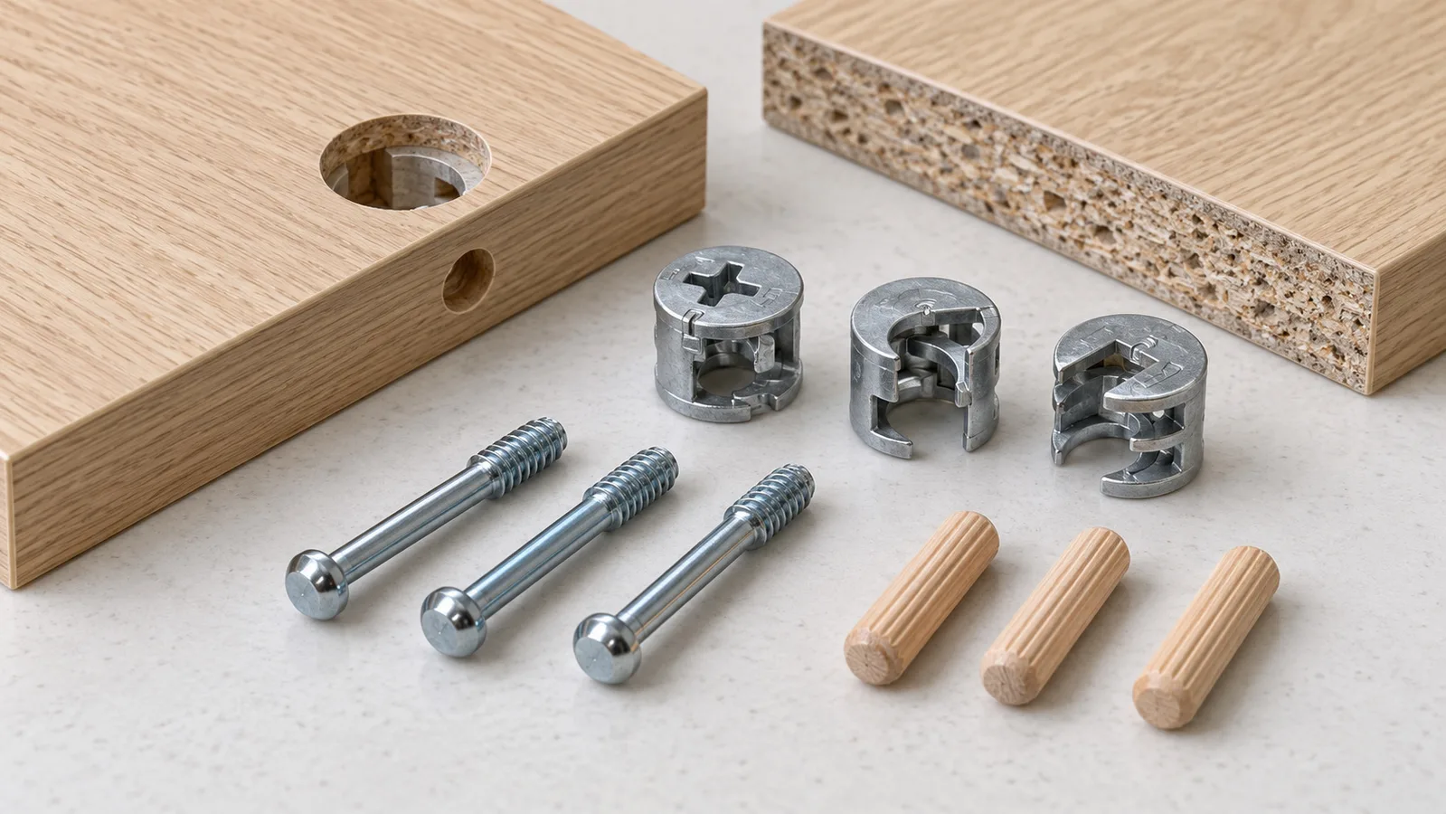 Zusammengebaute Möbelplattenverbindung mit Nockenverbinder, passender Schraube und separaten Holzdübeln