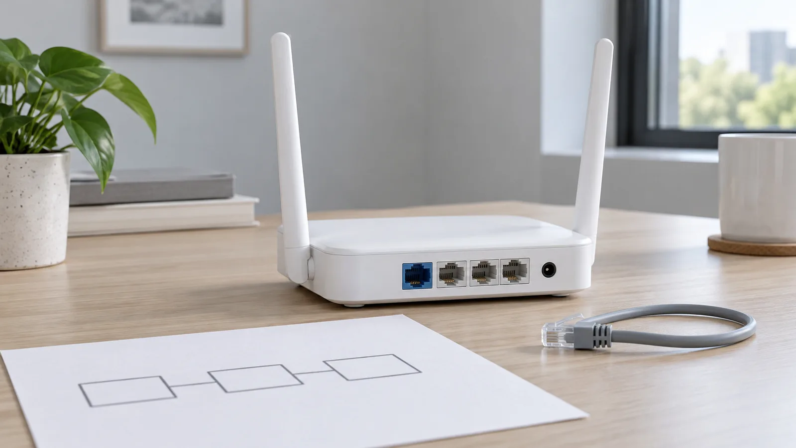 Weißer Desktop-WLAN-Router ohne Marke mit sichtbaren Ethernet-Anschlüssen auf der Rückseite neben einer einfachen Netzwerkskizze