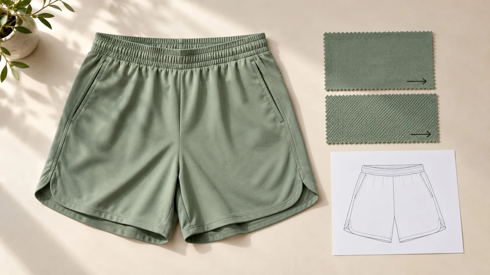 Muster von Activewear-Shorts neben Stoffmustern mit markierter Richtung und einer Panel-Skizze