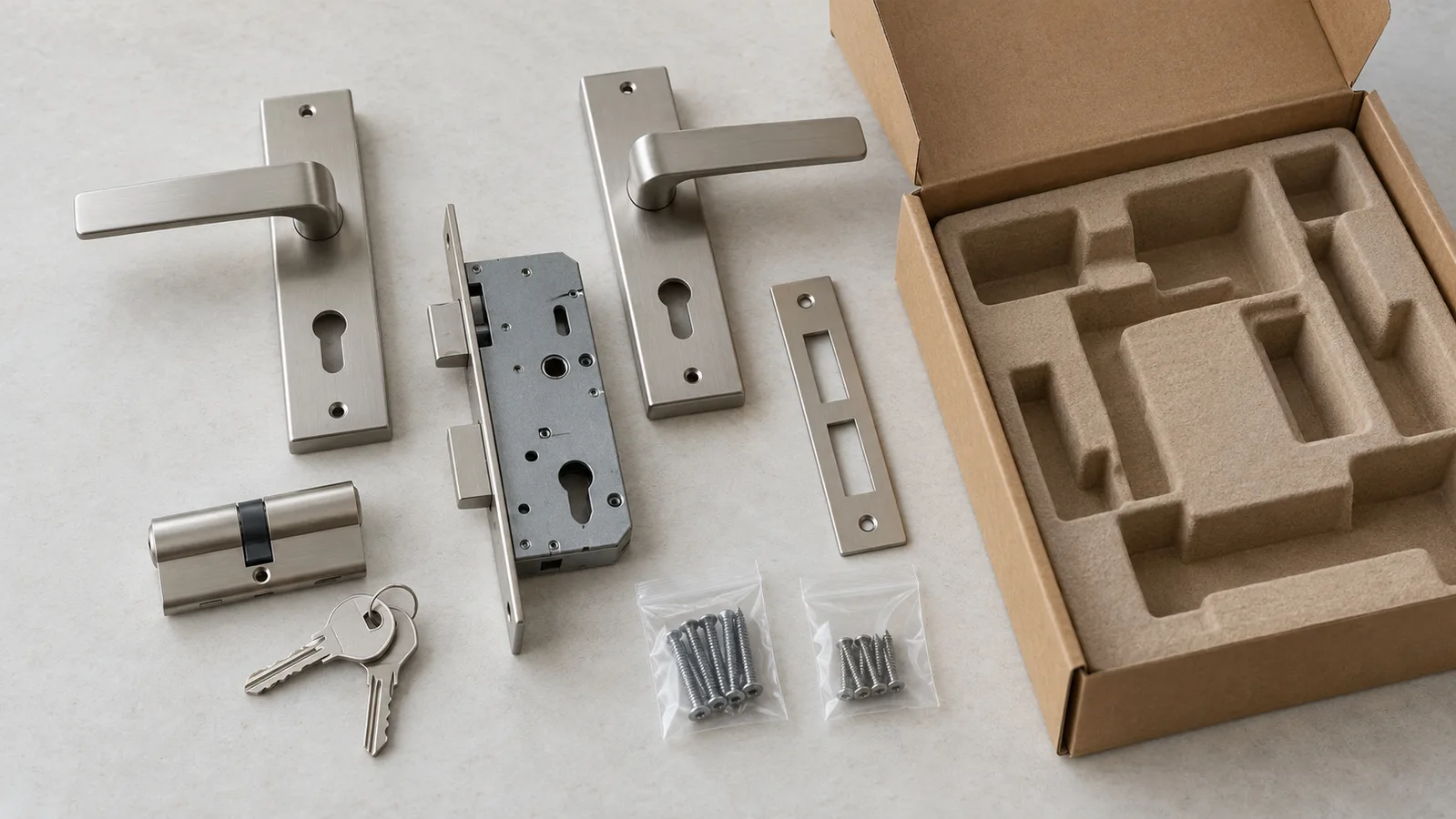 Türschlosskomponenten liegen neben einem einfachen Verpackungskarton und separaten Hardware-Beuteln