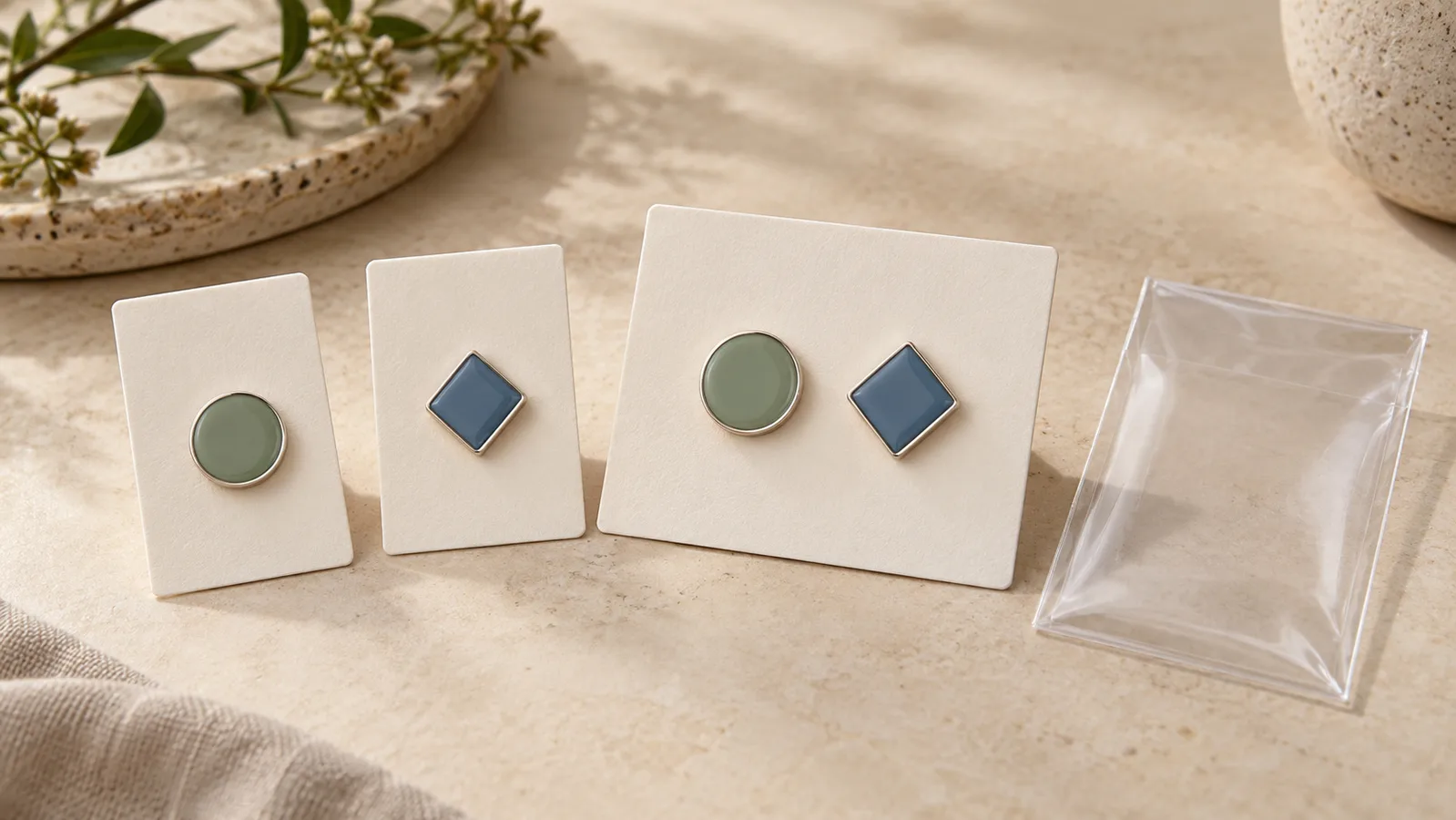 Geometrische Emaille-Abzeichen, montiert auf einfachen Displaykarten, neben einem Set mit zwei Abzeichen