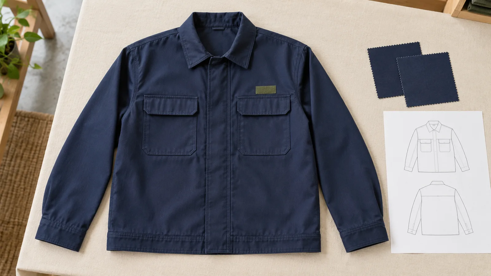 Muster einer gewöhnlichen Arbeitsjacke mit sichtbaren Taschendetails neben Textilmustern