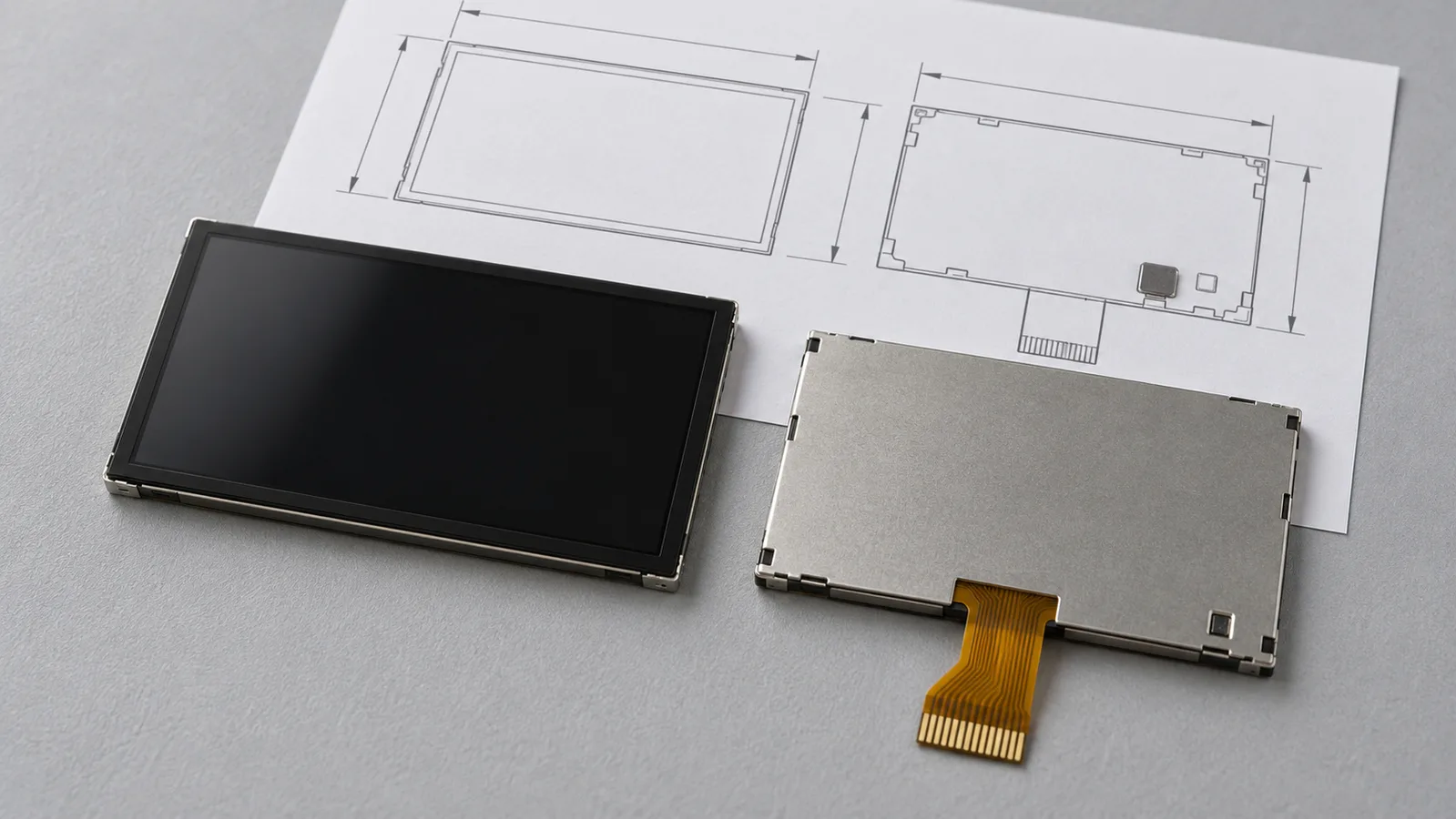 Anzeigemodule ohne Stromversorgung, dargestellt von der Vorder- und Rückseite, neben einer einfachen technischen Zeichnung