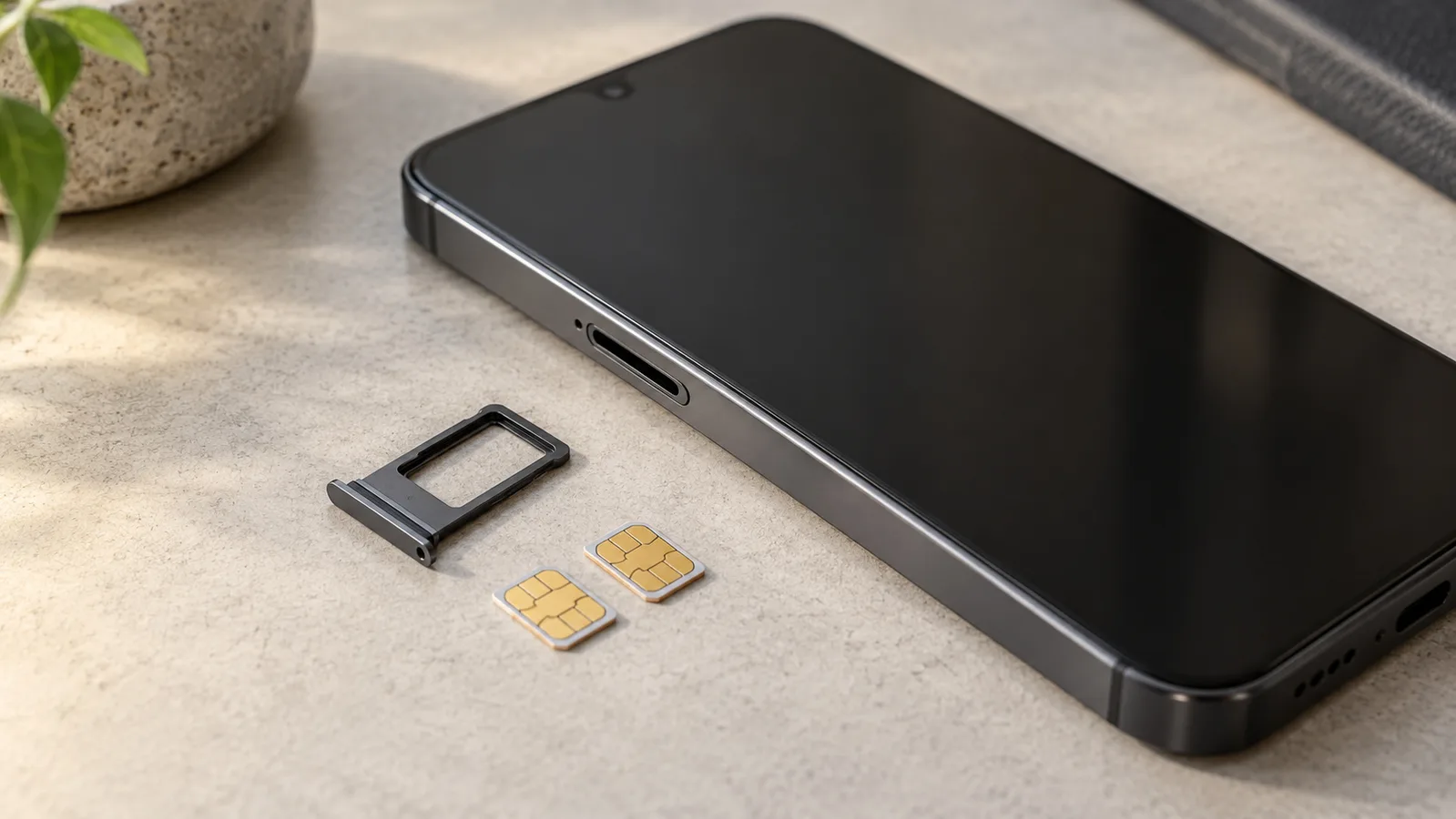 Markenloses Smartphone neben einem separaten SIM-Fach und zwei SIM-Karten, was die physische Kartenunterstützung veranschaulicht