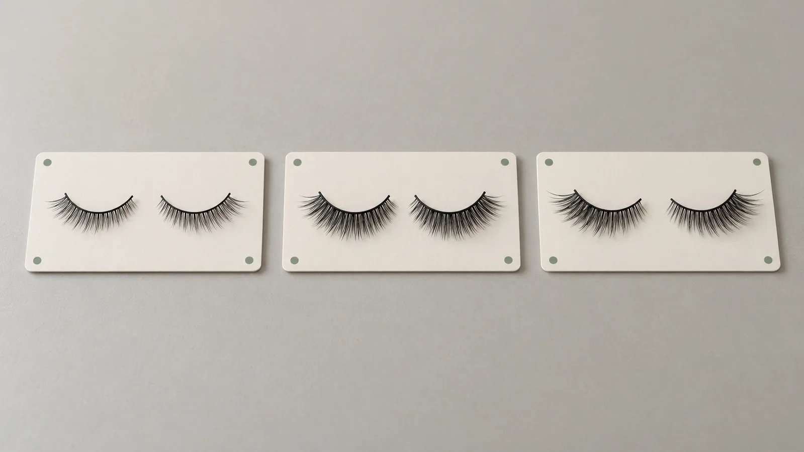 Drei beschriftete Muster falscher Wimpernstreifen, angeordnet für den Formvergleich nebeneinander